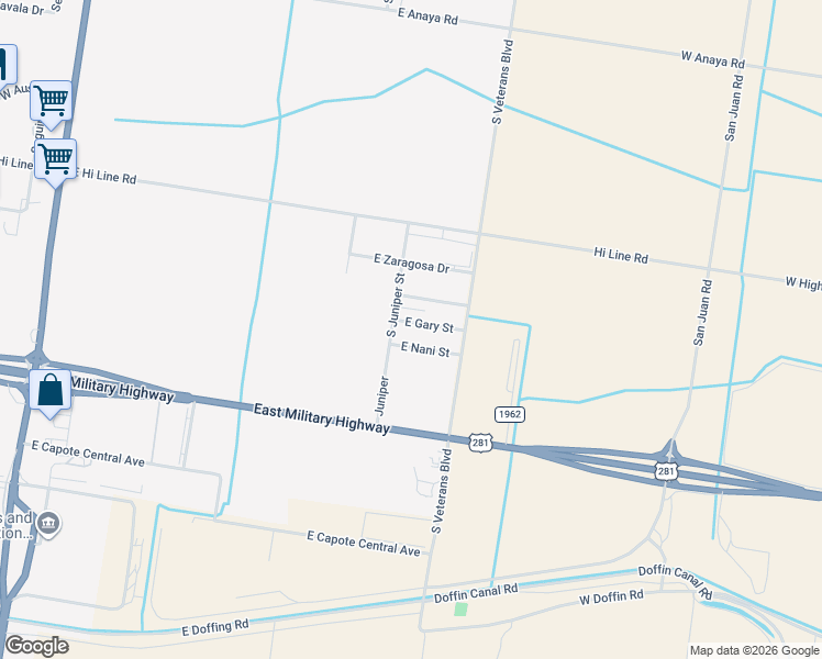 map of restaurants, bars, coffee shops, grocery stores, and more near 1315 Nani Street in Pharr