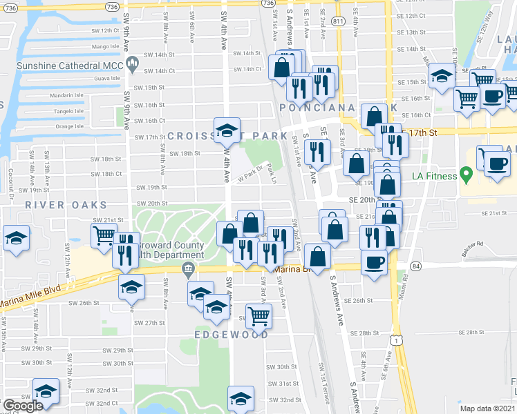 map of restaurants, bars, coffee shops, grocery stores, and more near 301 Southwest 21st Street in Fort Lauderdale