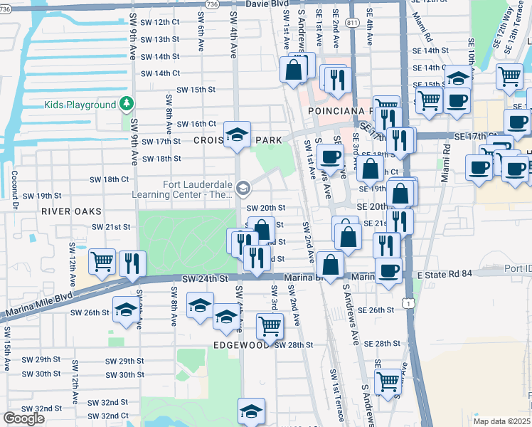 map of restaurants, bars, coffee shops, grocery stores, and more near 301 Southwest 21st Street in Fort Lauderdale