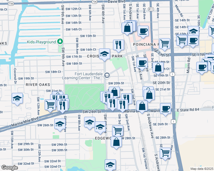 map of restaurants, bars, coffee shops, grocery stores, and more near 341 Southwest 21st Street in Fort Lauderdale