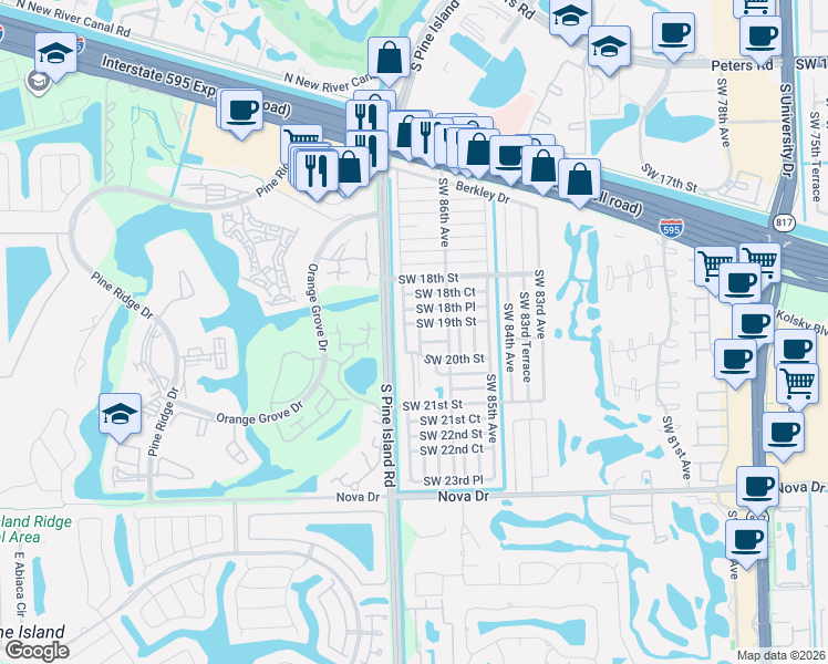 map of restaurants, bars, coffee shops, grocery stores, and more near 1961 Southwest 87th Terrace in Davie