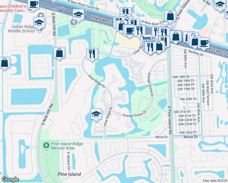 map of restaurants, bars, coffee shops, grocery stores, and more near 1901 Pine Ridge Drive in Davie
