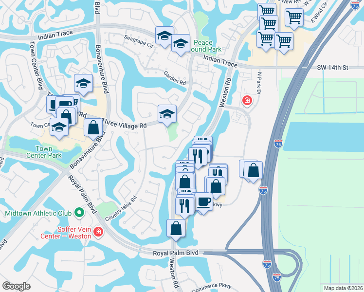 map of restaurants, bars, coffee shops, grocery stores, and more near 1900 Lakeshore Drive in Weston