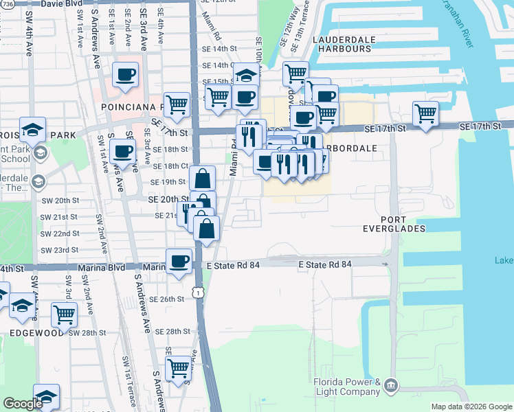 map of restaurants, bars, coffee shops, grocery stores, and more near 2005 Southeast 10th Avenue in Fort Lauderdale