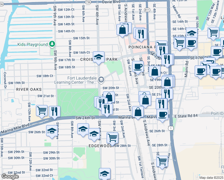 map of restaurants, bars, coffee shops, grocery stores, and more near 301 Southwest 21st Street in Fort Lauderdale