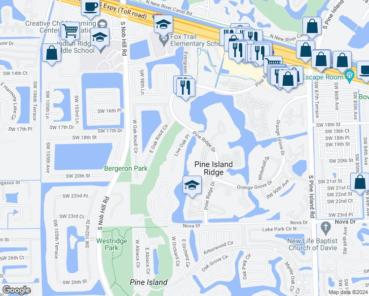 map of restaurants, bars, coffee shops, grocery stores, and more near 9421 Live Oak Place in Davie
