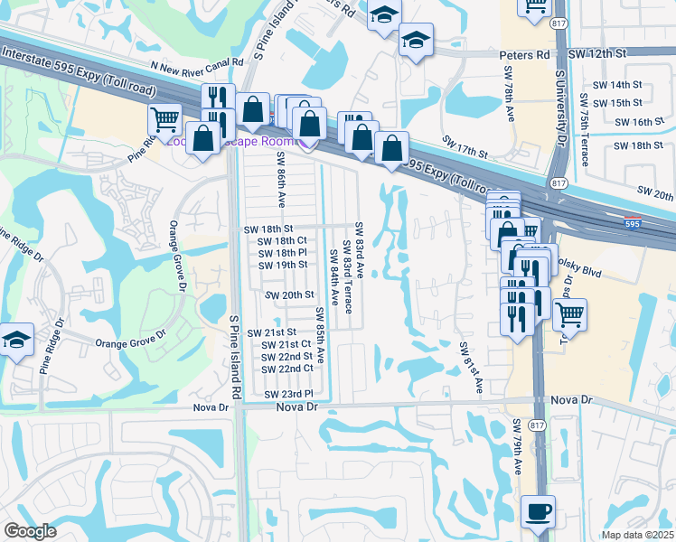 map of restaurants, bars, coffee shops, grocery stores, and more near 1940 Southwest 84th Avenue in Davie