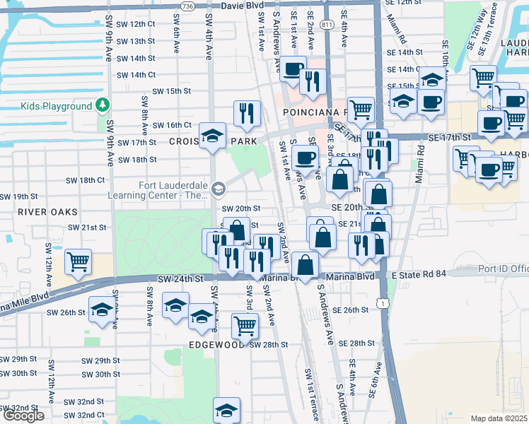 map of restaurants, bars, coffee shops, grocery stores, and more near 216 Southwest 21st Street in Fort Lauderdale