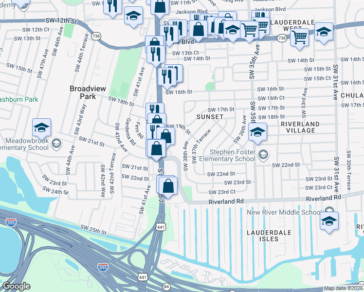 map of restaurants, bars, coffee shops, grocery stores, and more near 2080 Southwest 38th Avenue in Fort Lauderdale