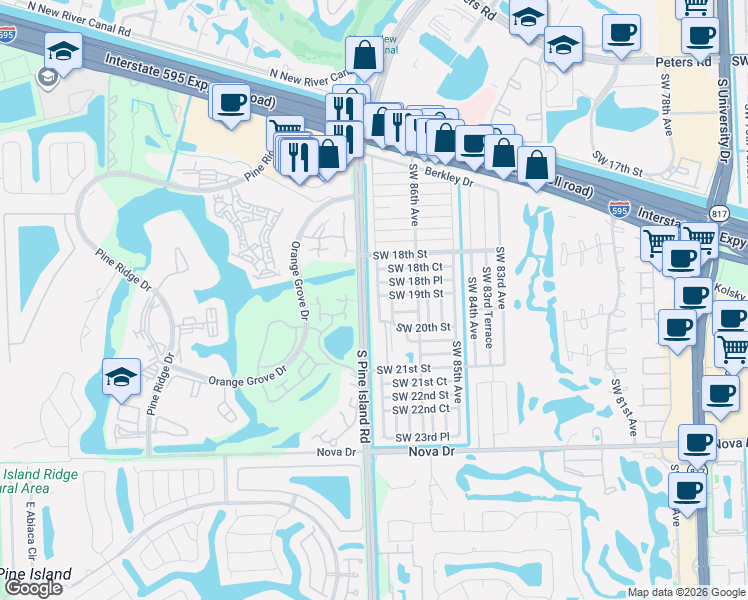map of restaurants, bars, coffee shops, grocery stores, and more near 1961 Southwest 87th Terrace in Davie