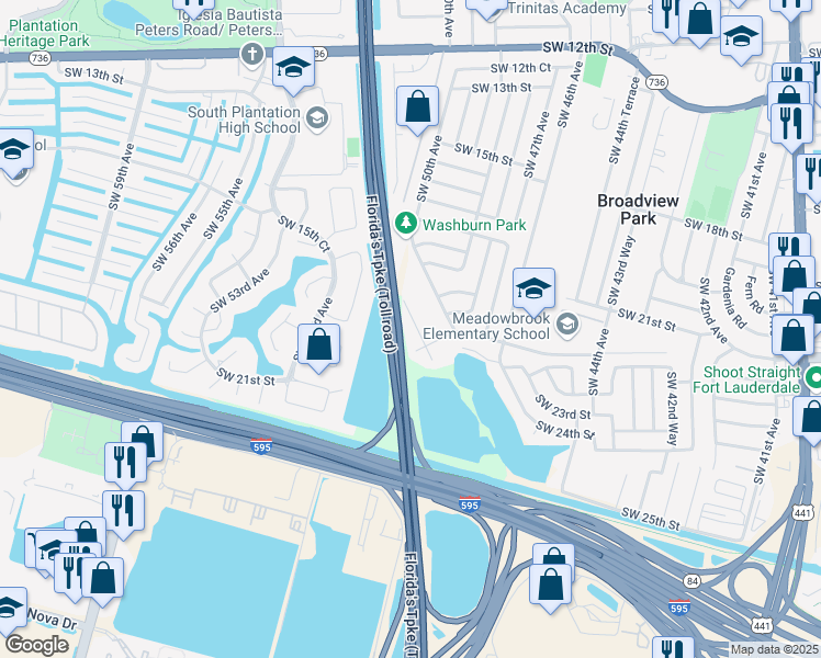 map of restaurants, bars, coffee shops, grocery stores, and more near 2301 Southwest 50th Terrace in Plantation