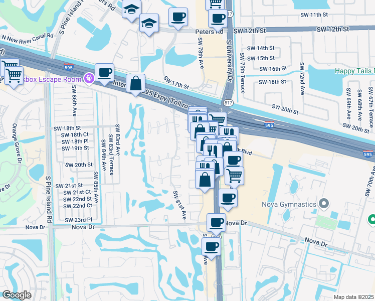 map of restaurants, bars, coffee shops, grocery stores, and more near 1850 Southwest 81st Avenue in Davie