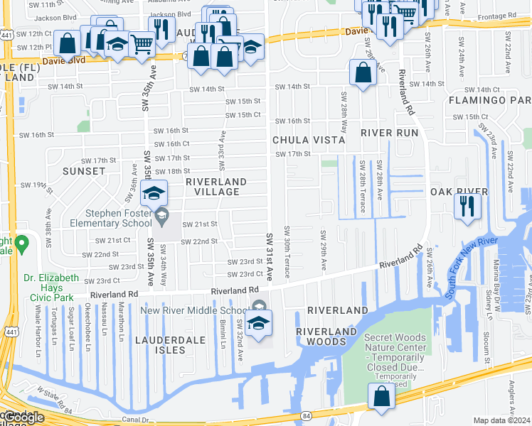 map of restaurants, bars, coffee shops, grocery stores, and more near 3100 Southwest 20th Court in Fort Lauderdale