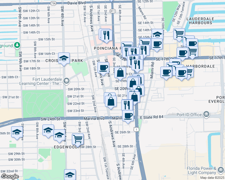 map of restaurants, bars, coffee shops, grocery stores, and more near 1905 Southeast 1st Avenue in Fort Lauderdale