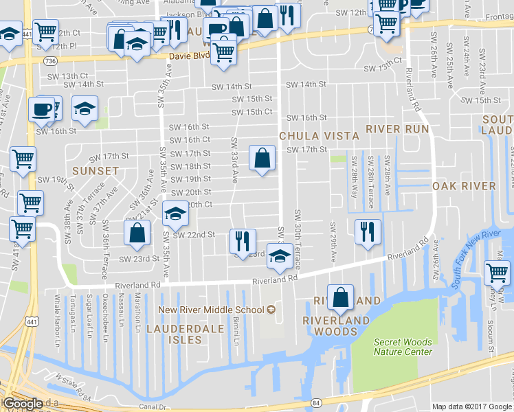 map of restaurants, bars, coffee shops, grocery stores, and more near 3150 Southwest 20th Street in Fort Lauderdale