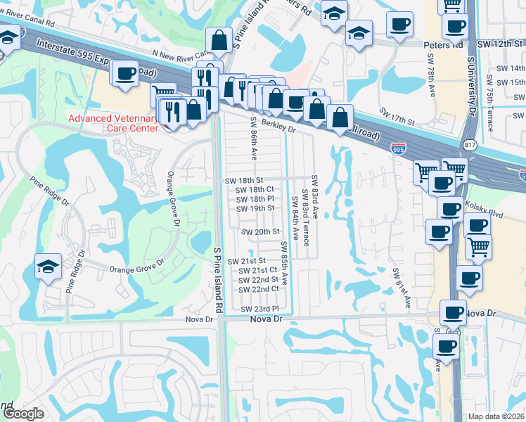 map of restaurants, bars, coffee shops, grocery stores, and more near 8601 Southwest 18th Place in Davie