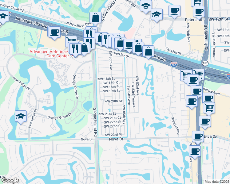 map of restaurants, bars, coffee shops, grocery stores, and more near 8601 Southwest 18th Place in Davie