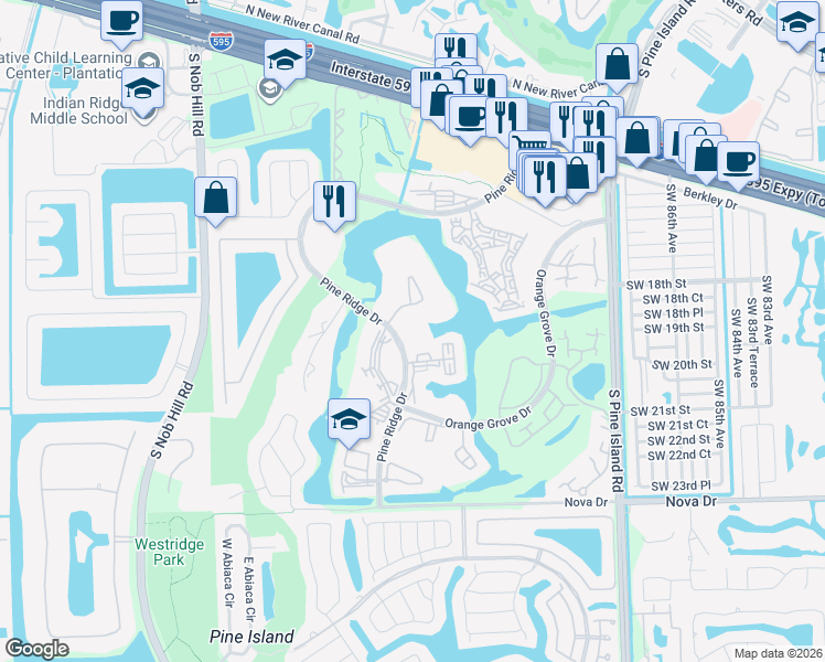 map of restaurants, bars, coffee shops, grocery stores, and more near 9460 Poinciana Place in Davie