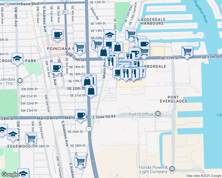 map of restaurants, bars, coffee shops, grocery stores, and more near 7 Southeast 10th Avenue in Fort Lauderdale
