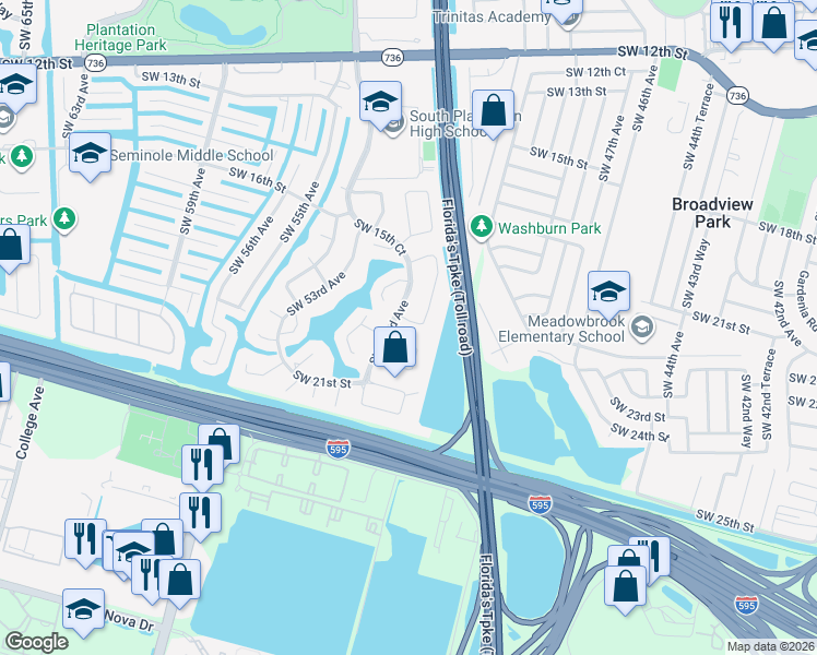 map of restaurants, bars, coffee shops, grocery stores, and more near 5181 Southwest 18th Court in Plantation