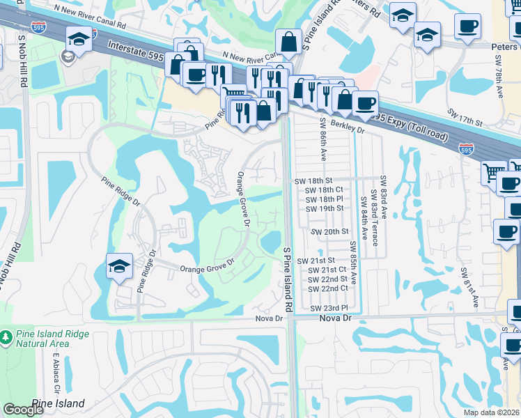 map of restaurants, bars, coffee shops, grocery stores, and more near 9136A Southwest 20th Place in Davie