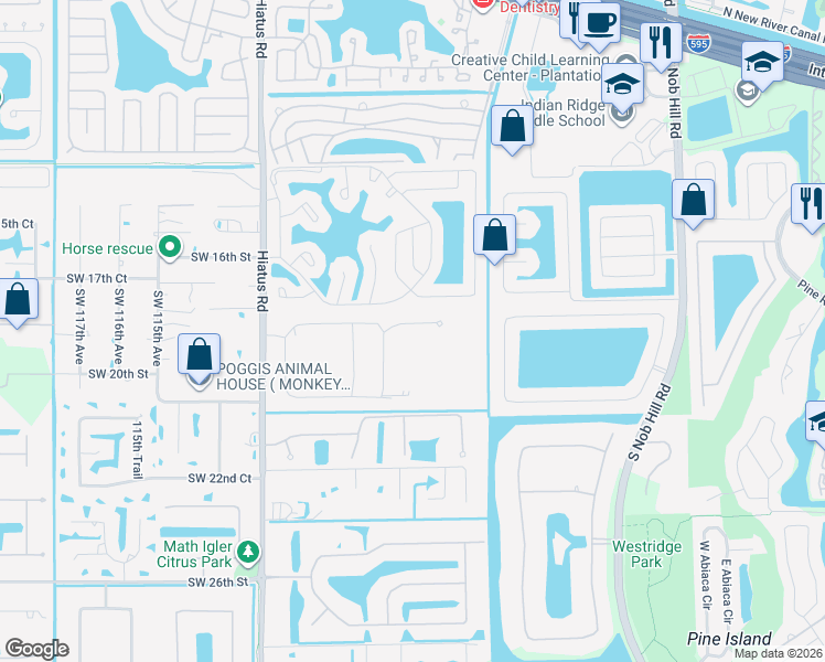 map of restaurants, bars, coffee shops, grocery stores, and more near 10784 Southwest 17th Place in Davie