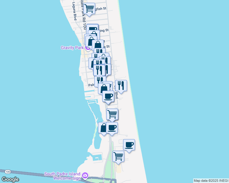 map of restaurants, bars, coffee shops, grocery stores, and more near 1700 Gulf Boulevard in South Padre Island