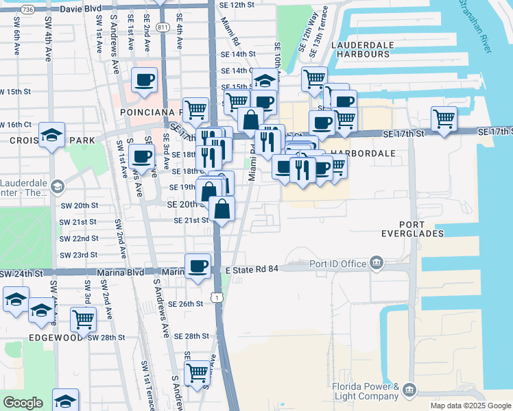 map of restaurants, bars, coffee shops, grocery stores, and more near 1950 Miami Road in Fort Lauderdale