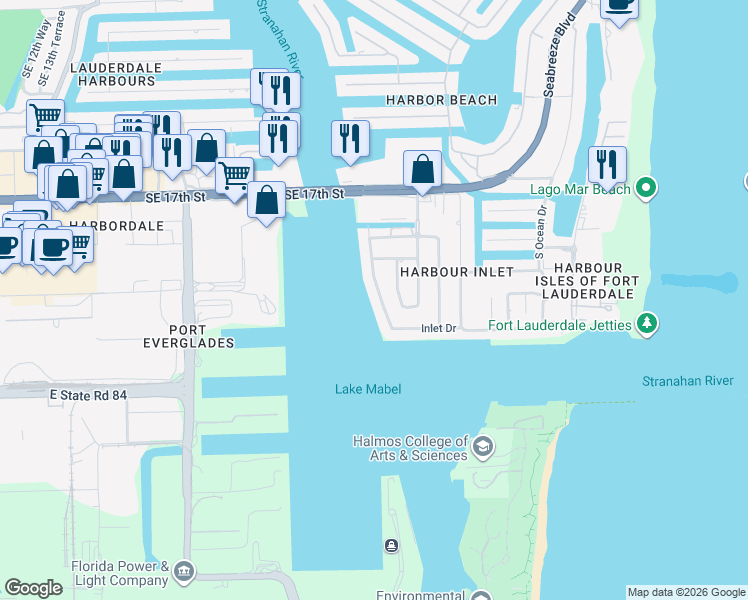 map of restaurants, bars, coffee shops, grocery stores, and more near 1933 Harbourview Drive in Fort Lauderdale
