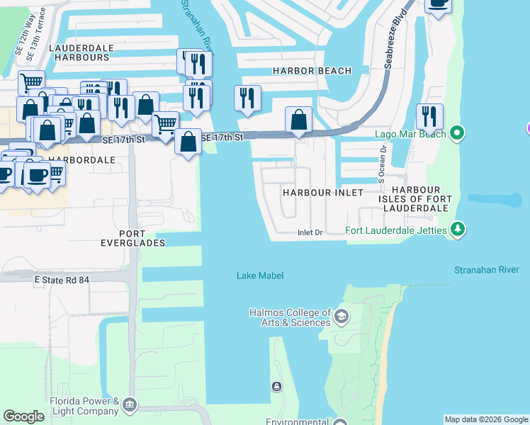 map of restaurants, bars, coffee shops, grocery stores, and more near 1933 Harbourview Drive in Fort Lauderdale