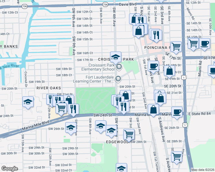 map of restaurants, bars, coffee shops, grocery stores, and more near 500 Southwest 19th Street in Fort Lauderdale