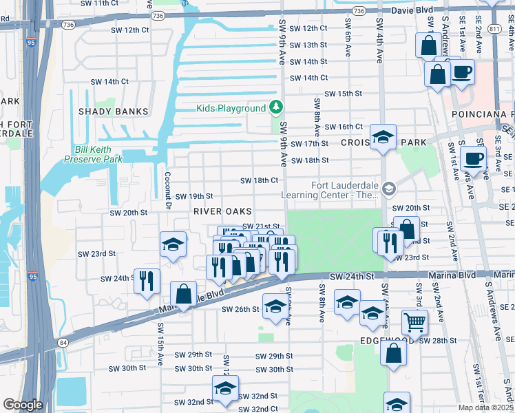 map of restaurants, bars, coffee shops, grocery stores, and more near 1008 Southwest 19th Street in Fort Lauderdale