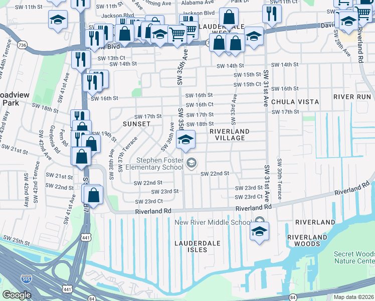 map of restaurants, bars, coffee shops, grocery stores, and more near 3490 Southwest 20th Street in Fort Lauderdale