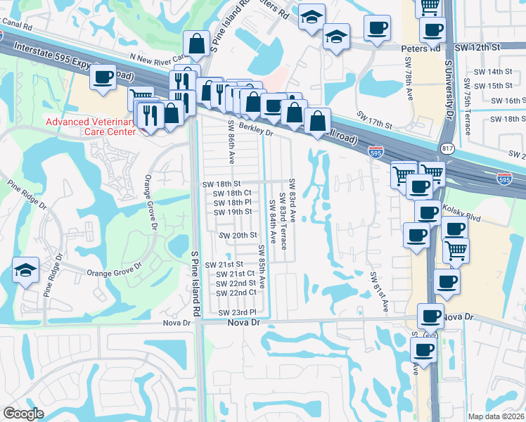 map of restaurants, bars, coffee shops, grocery stores, and more near 8514 Southwest 18th Place in Davie