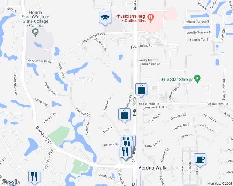 map of restaurants, bars, coffee shops, grocery stores, and more near 7642 Palmer Court in Naples