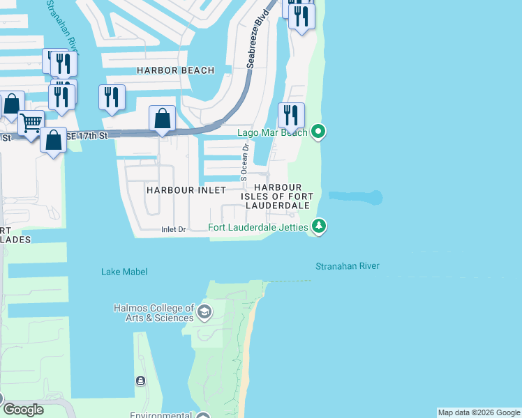 map of restaurants, bars, coffee shops, grocery stores, and more near 1931 South Ocean Drive in Fort Lauderdale