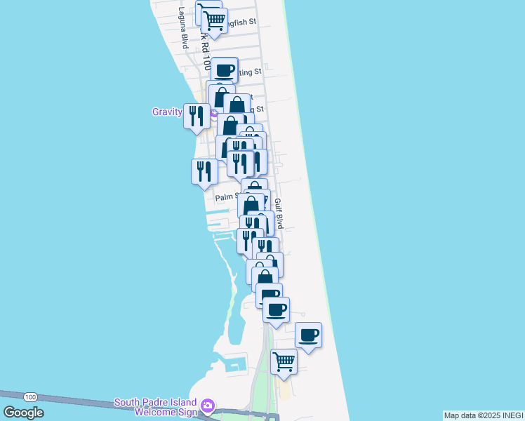 map of restaurants, bars, coffee shops, grocery stores, and more near 1700 Padre Boulevard in South Padre Island