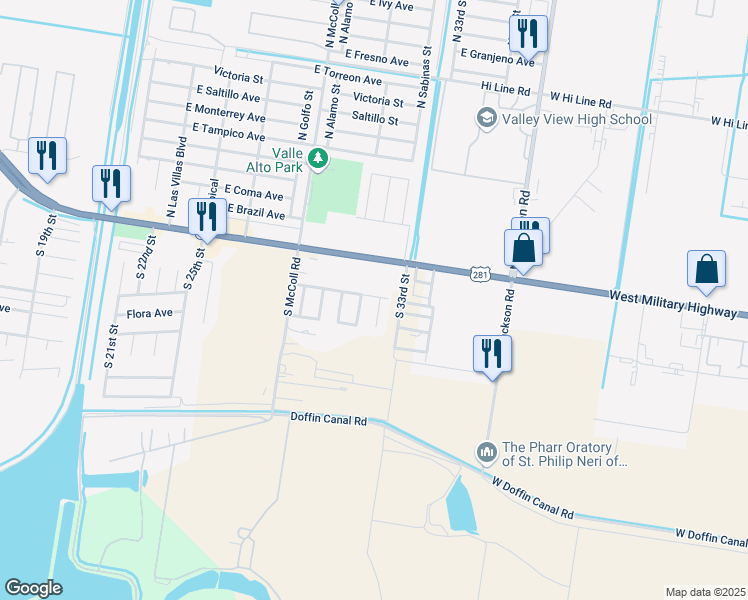 map of restaurants, bars, coffee shops, grocery stores, and more near 3101 East Camelia Avenue in Hidalgo