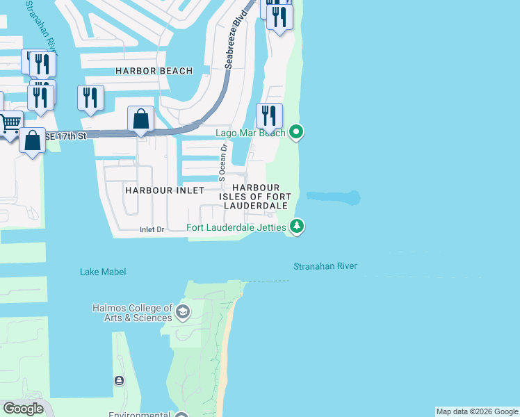 map of restaurants, bars, coffee shops, grocery stores, and more near 2030 South Ocean Lane in Fort Lauderdale
