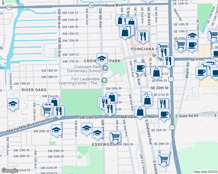 map of restaurants, bars, coffee shops, grocery stores, and more near 1904 Southwest 4th Avenue in Fort Lauderdale