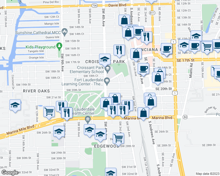 map of restaurants, bars, coffee shops, grocery stores, and more near 1904 Southwest 4th Avenue in Fort Lauderdale