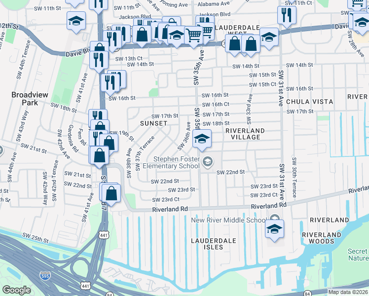 map of restaurants, bars, coffee shops, grocery stores, and more near 1961 Southwest 36th Avenue in Fort Lauderdale