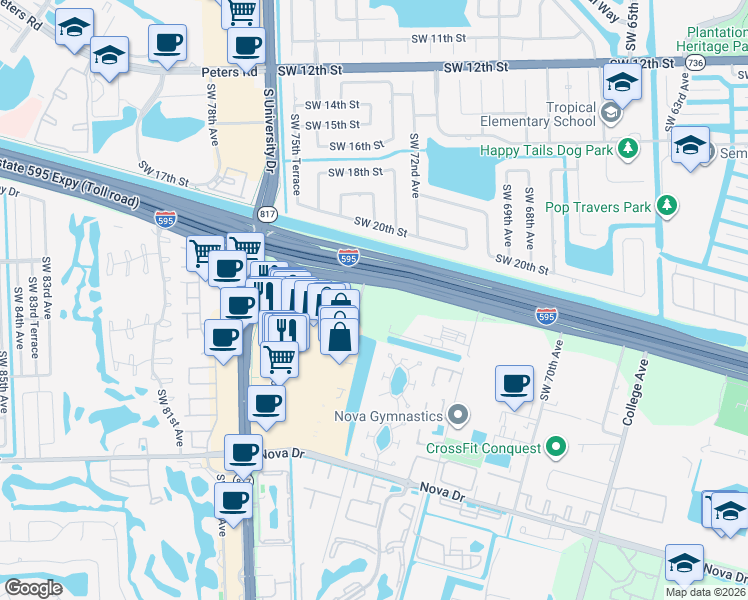 map of restaurants, bars, coffee shops, grocery stores, and more near 7550 West State Road 84 in Davie