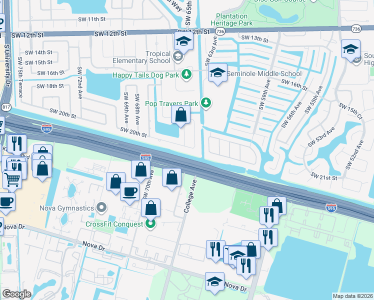 map of restaurants, bars, coffee shops, grocery stores, and more near 6521 Southwest 20th Street in Plantation