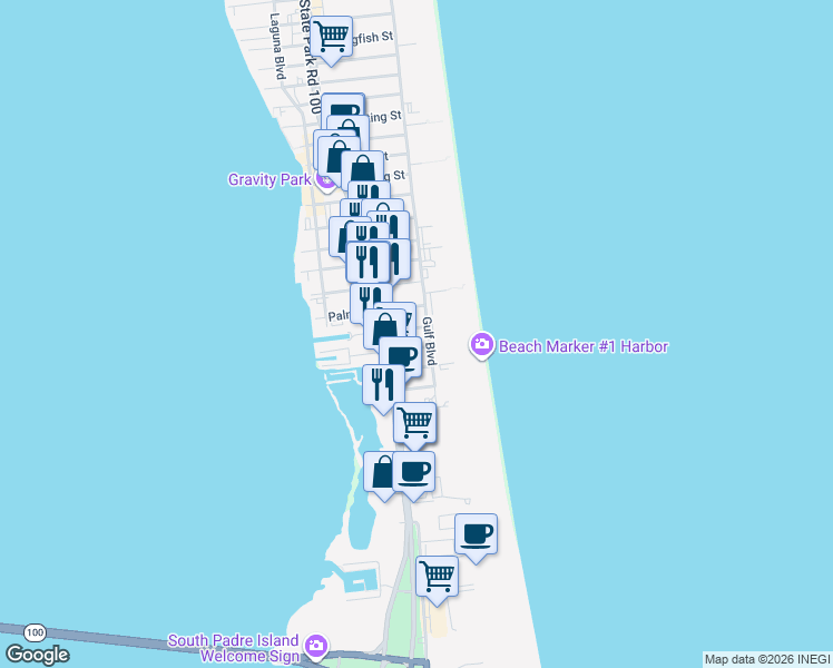 map of restaurants, bars, coffee shops, grocery stores, and more near 1700 Gulf Boulevard in South Padre Island