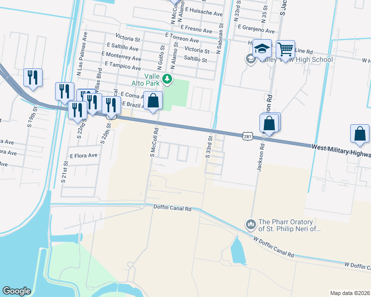 map of restaurants, bars, coffee shops, grocery stores, and more near 3101 East Camelia Avenue in Hidalgo