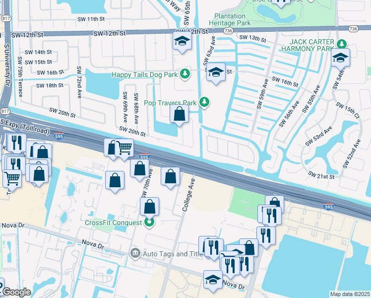 map of restaurants, bars, coffee shops, grocery stores, and more near 6521 Southwest 20th Street in Plantation
