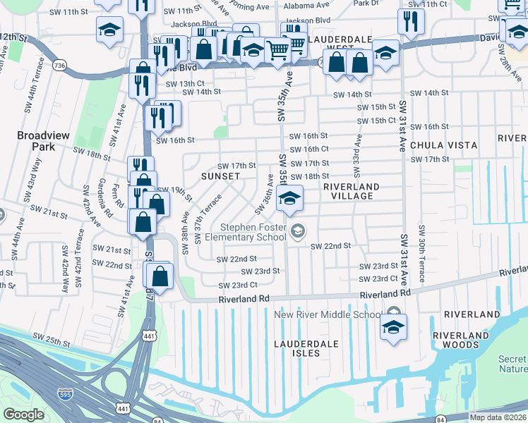 map of restaurants, bars, coffee shops, grocery stores, and more near 1961 Southwest 36th Avenue in Fort Lauderdale