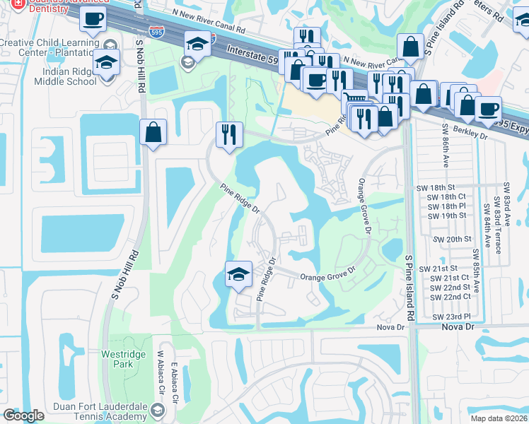 map of restaurants, bars, coffee shops, grocery stores, and more near 9484 Poinciana Place in Davie