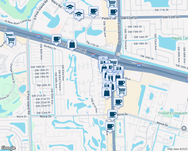 map of restaurants, bars, coffee shops, grocery stores, and more near 1850 Southwest 81st Avenue in Davie